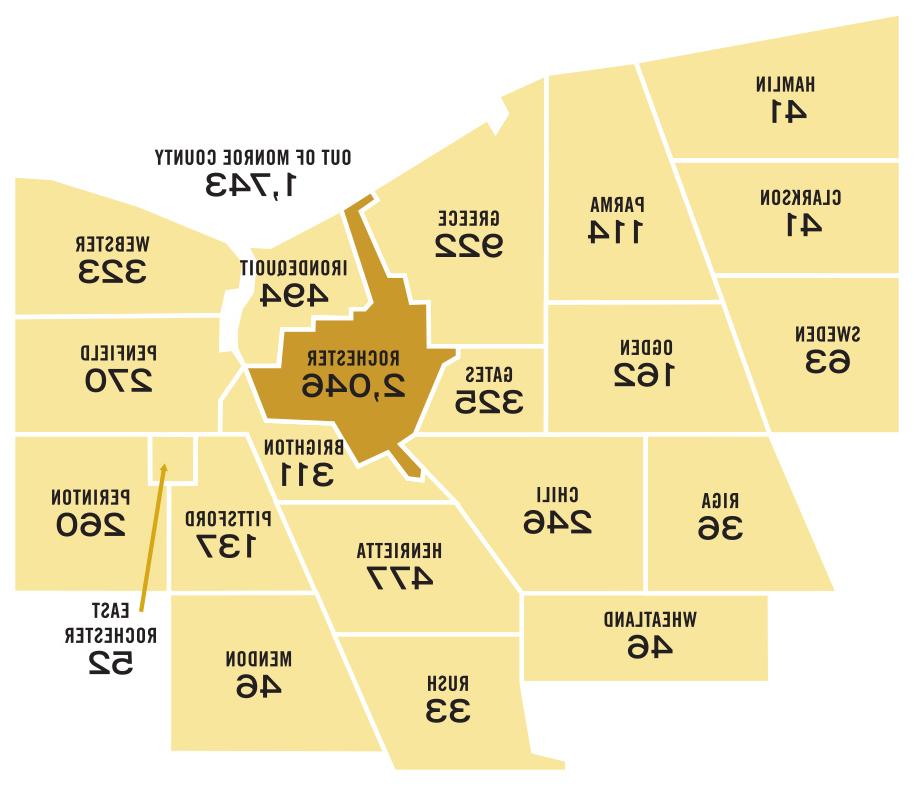 Map of towns in Monroe county, NY with numbers of MCC students enrolled in each as of fall 2023. Full details are below.